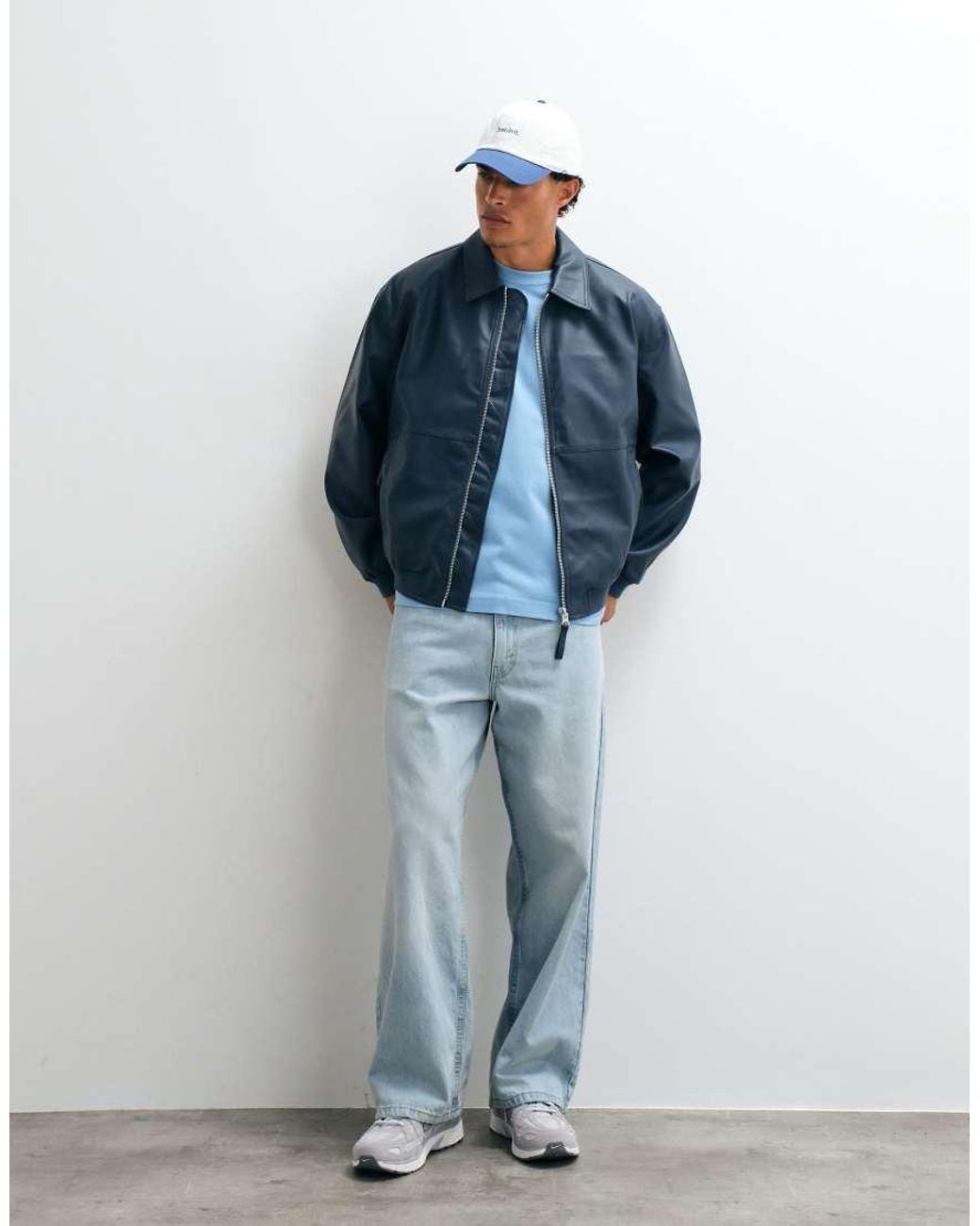 ASOS Blue Faux Leather Oversized Bomber Jacket for men