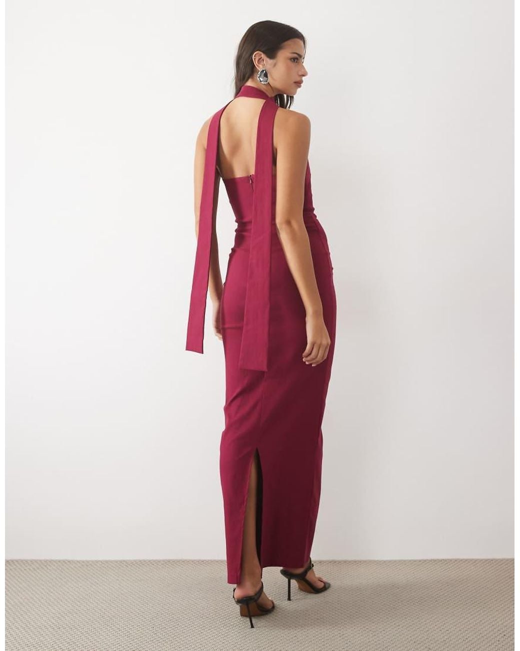 Vesper Red Bengaline Halter Neck Drape Detail Maxi Dress