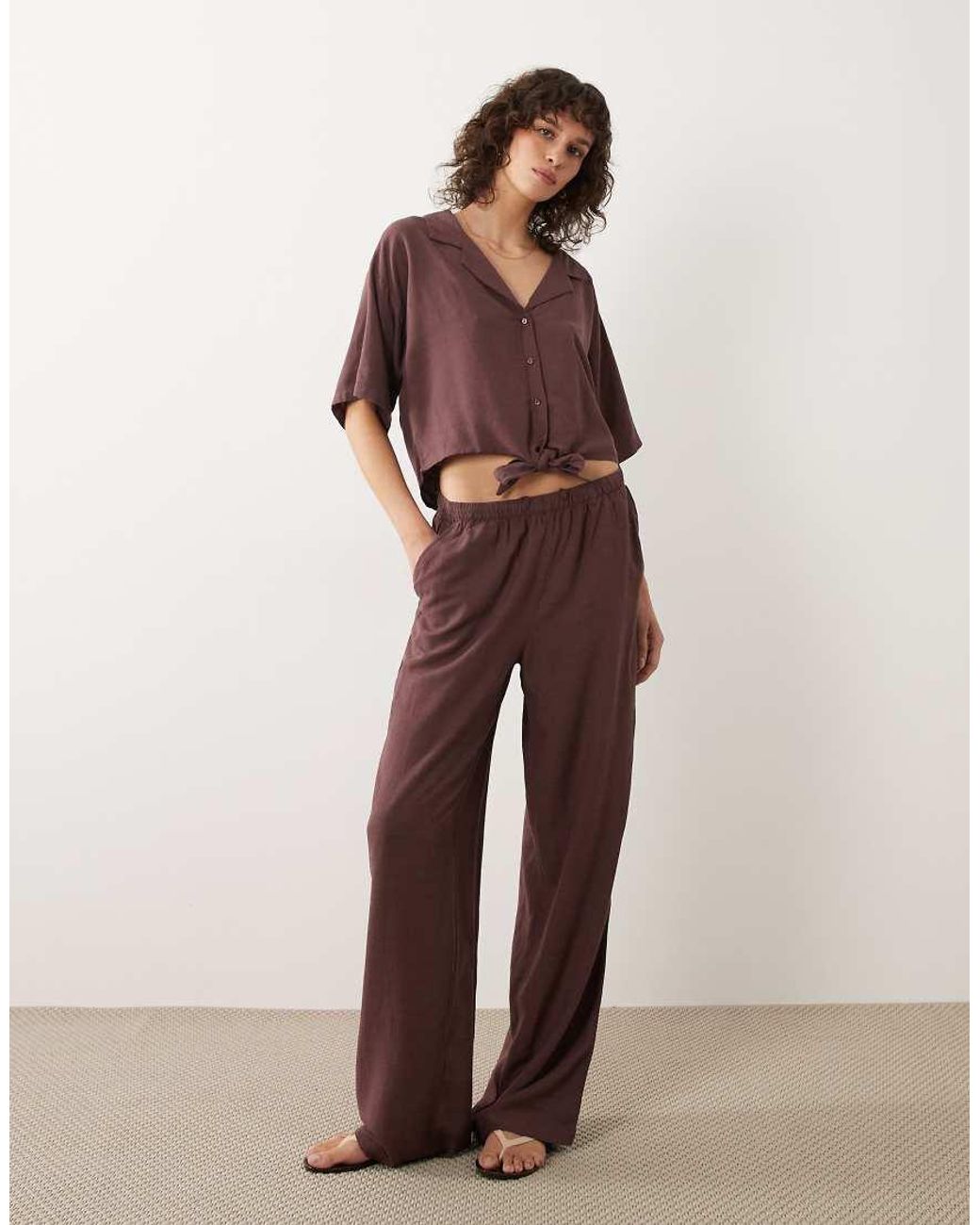 Jdy Brown Tie Front Linen Mix Shirt Co-ord