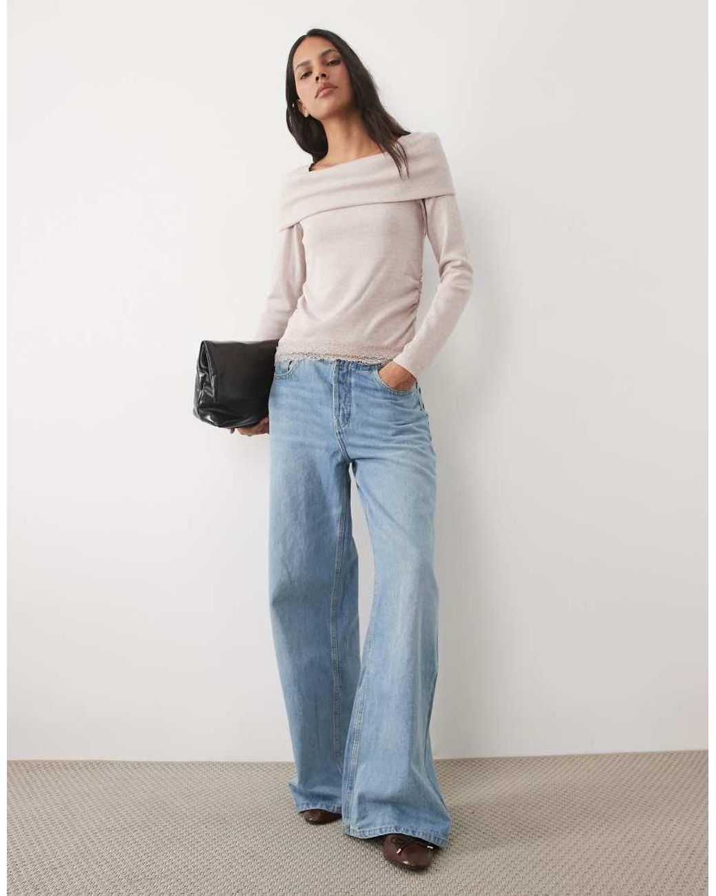 New Look Blue Bardot Lace Hem Ruched Jumper