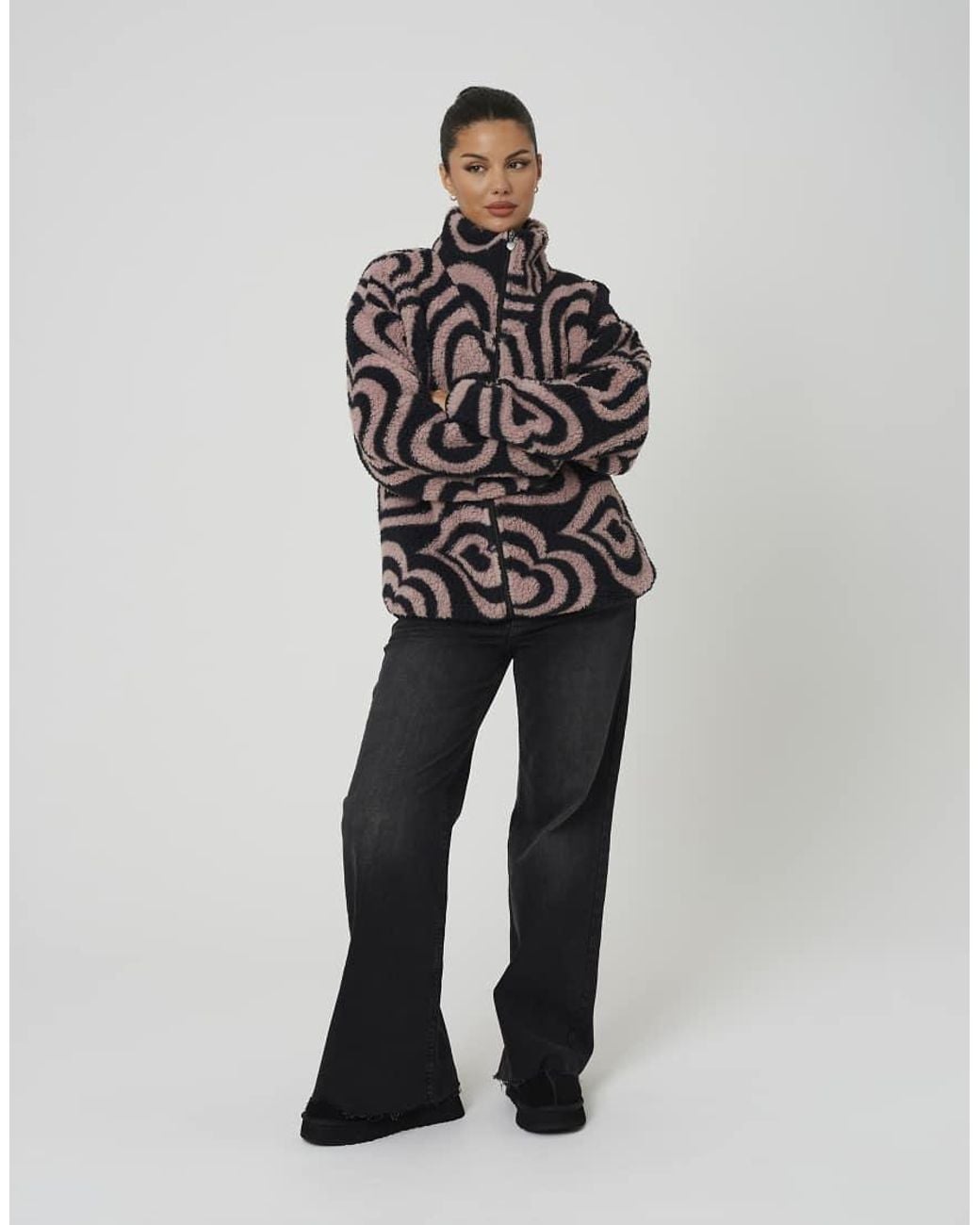 Brave Soul Black Sherpa Fleece Heart Print Sweatshirt