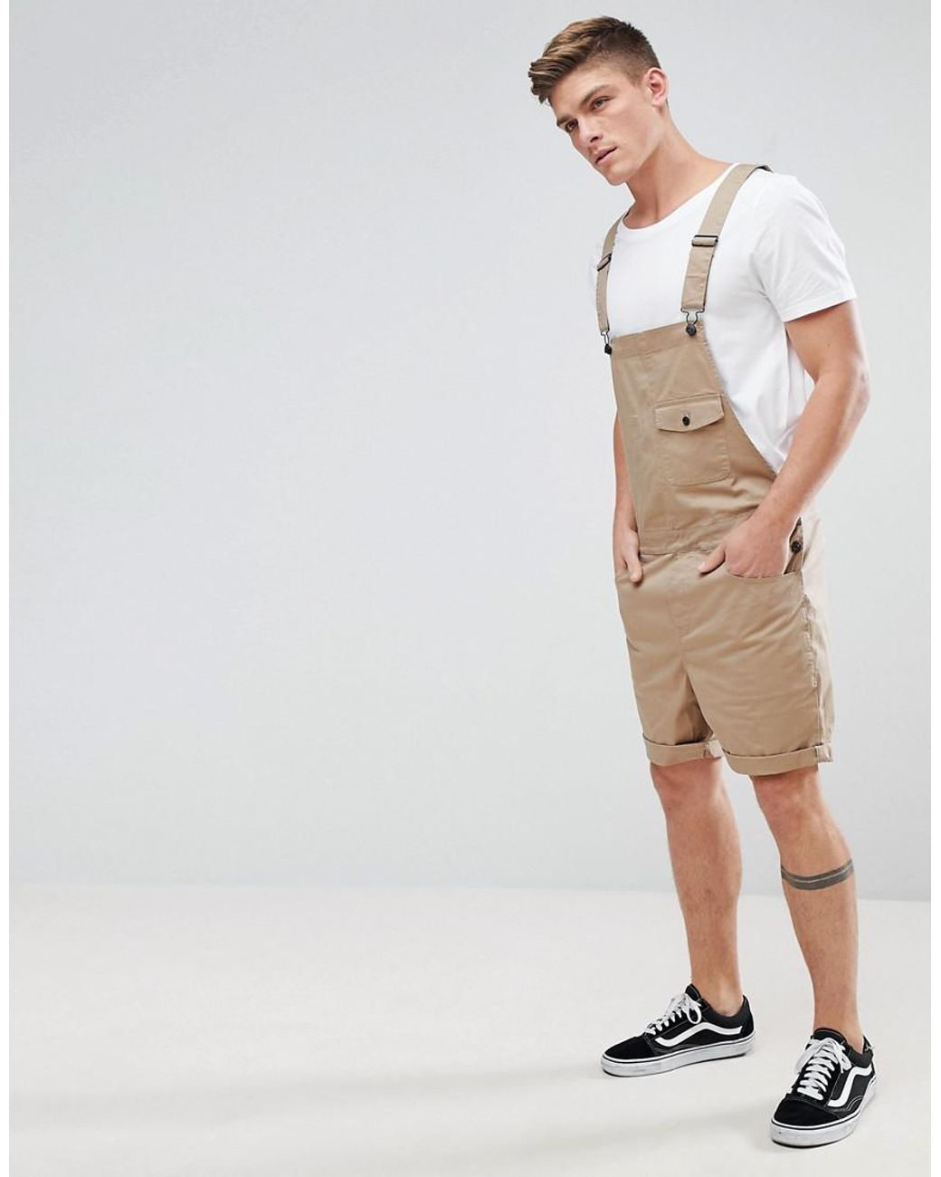 ASOS Cotton Short Dungarees In Stone 