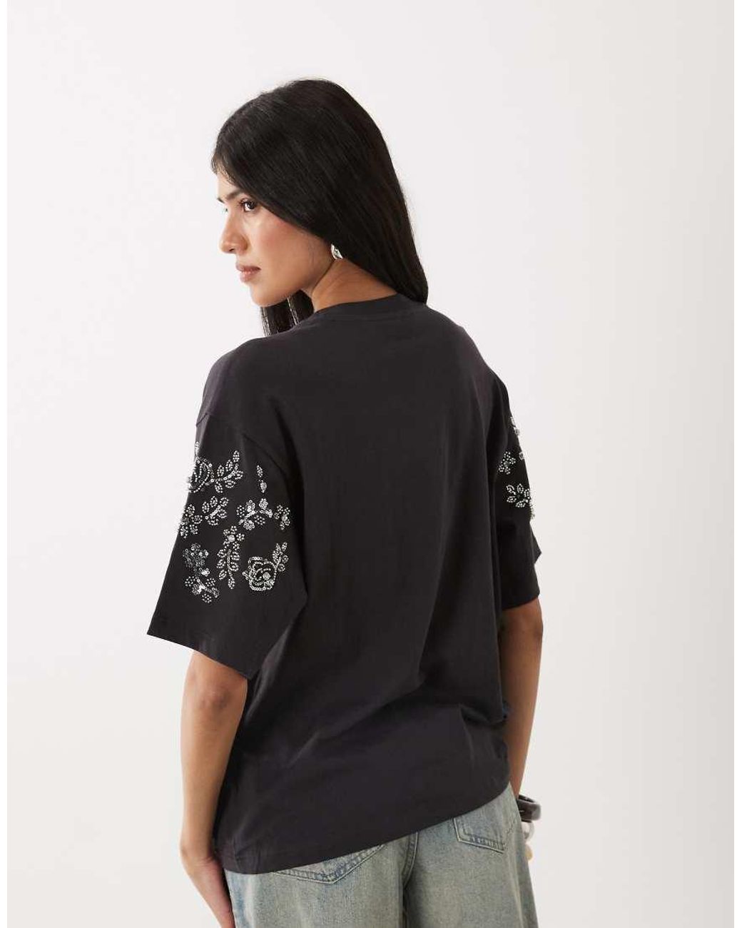 Miss Selfridge Black Festival Embellished Oversized Tee
