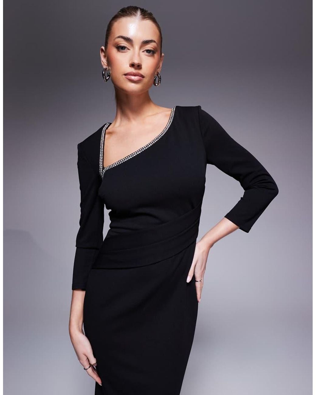 Goddiva Blue Asymmetric Neck Diamante Embellished Maxi Dress