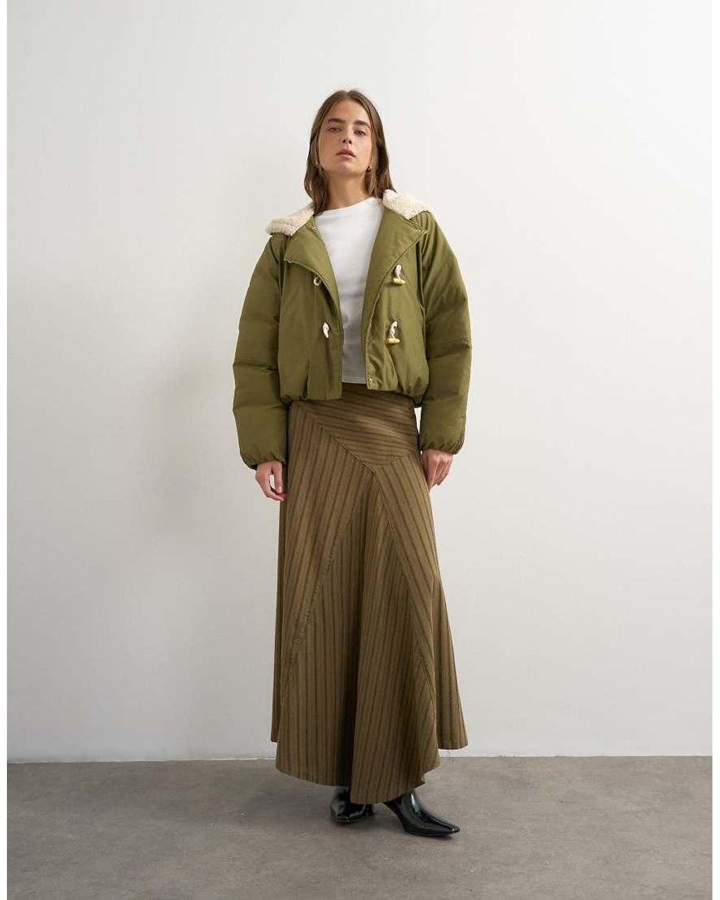 TOPSHOP Green toggle Borg Collar Short Puffer Jacket