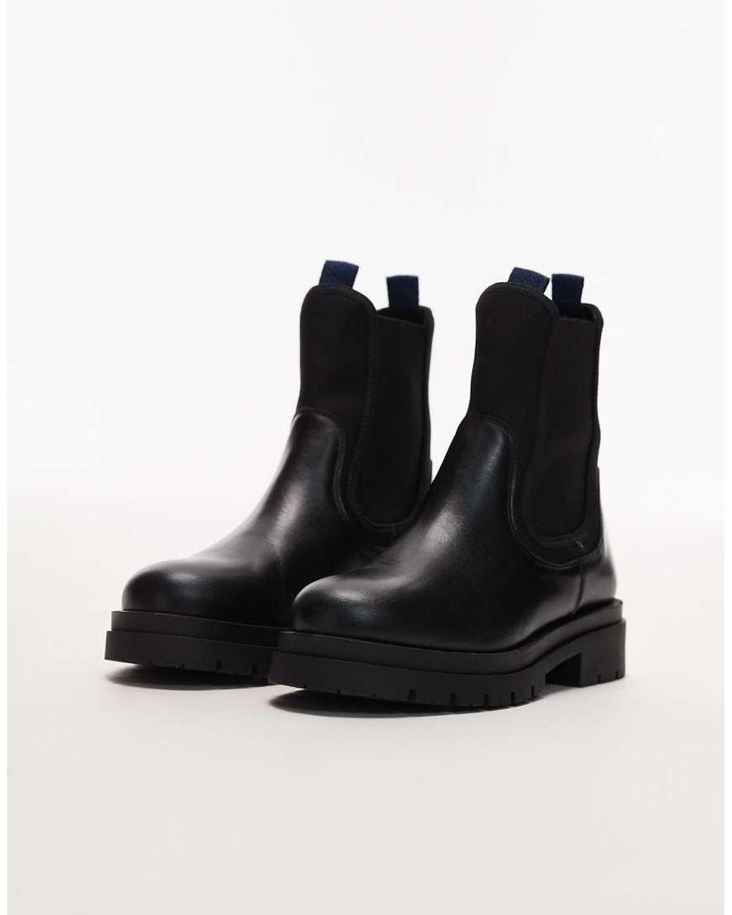 & Other Stories Black Leather High Ankle Boots With Elasticated Sides And Pull Tab Cuffs