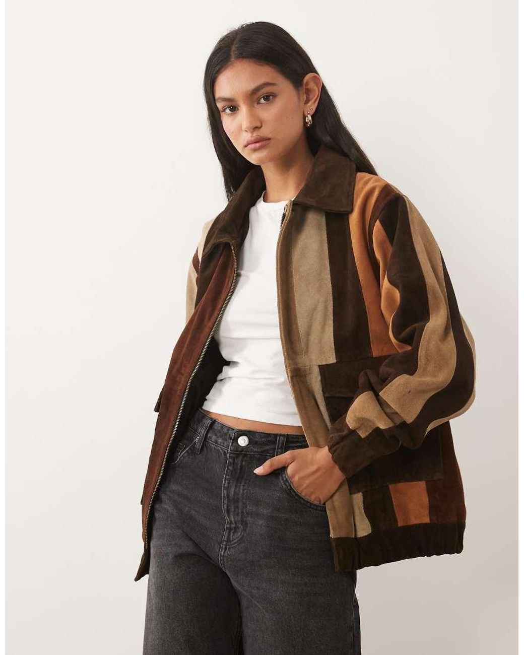 Barney's Originals Brown Patchwork Real Suede Bomber Jacket