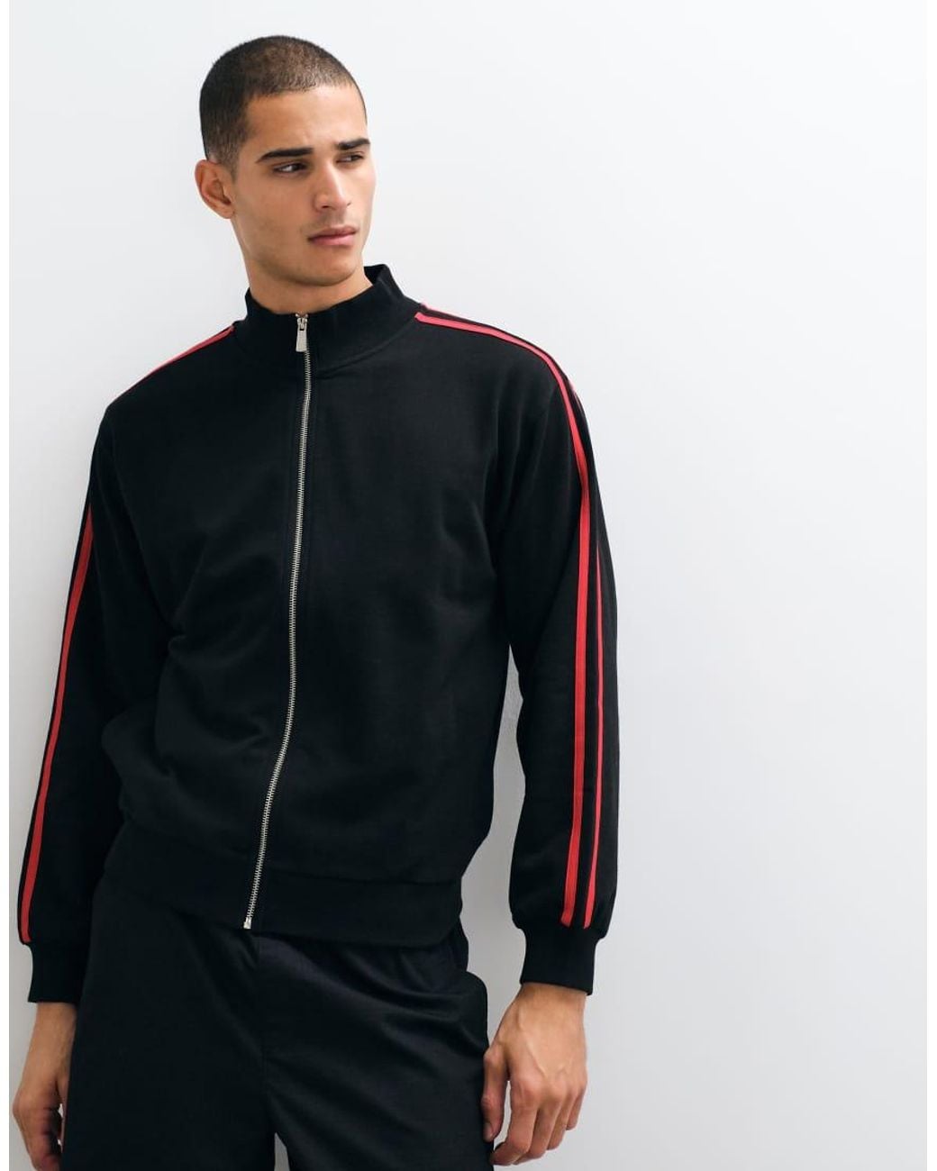 Collusion Black Fitted Side Stripe Funnel Neck Zip Up for men