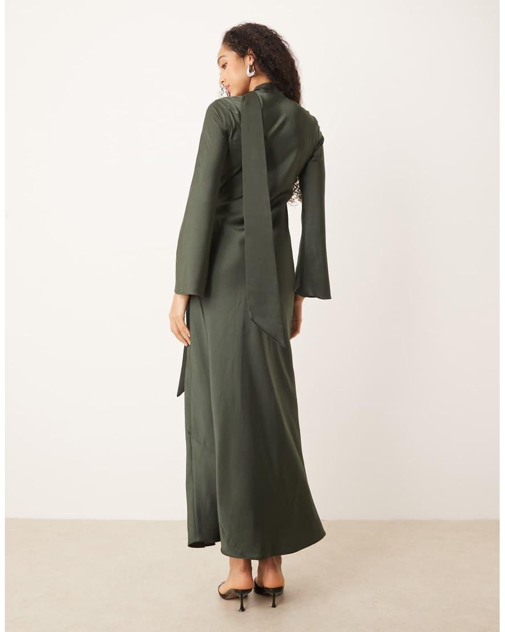 ASOS Green V Neck Scarf Detail Long Sleeve Maxi Dress
