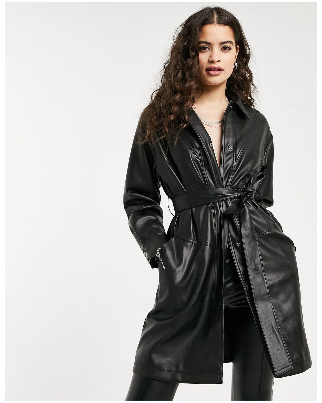 TOPSHOP Faux Leather Belted Shacket in Black | Lyst Canada