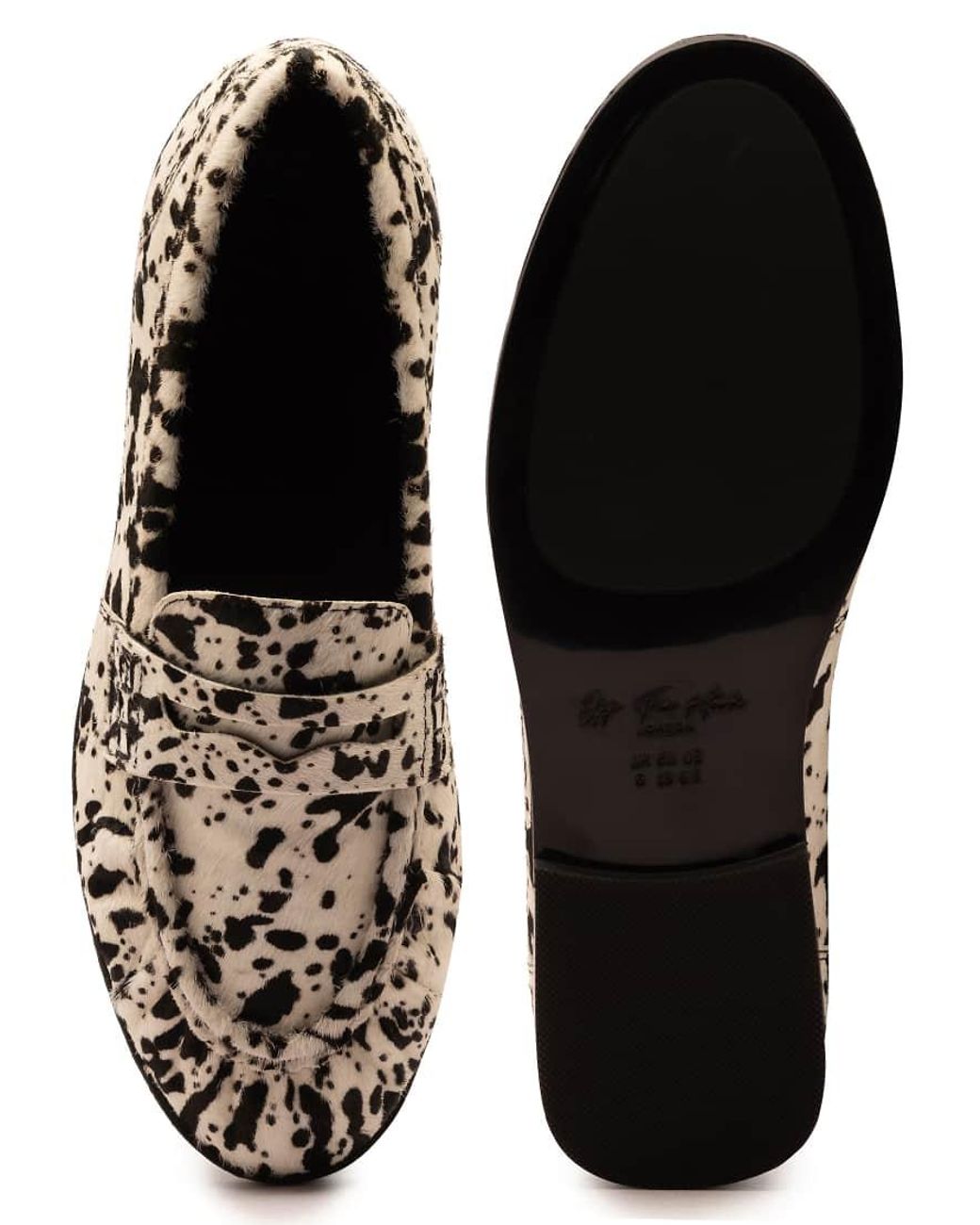 OFF THE HOOK Black Sienna Cow-Print Suede Leather Ruched Loafers