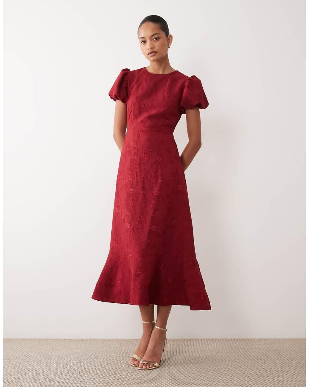 Sister Jane Exclusive Jacquard Puff Sleeve Structured Hem Midi Dress
