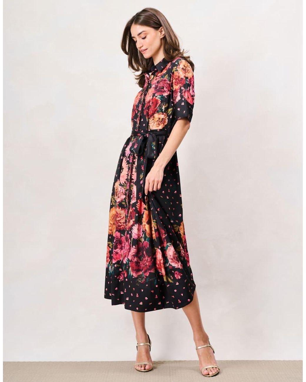 Hope & Ivy Red The Merrielle Button Front Shirt Midi Dress With Tie Waist