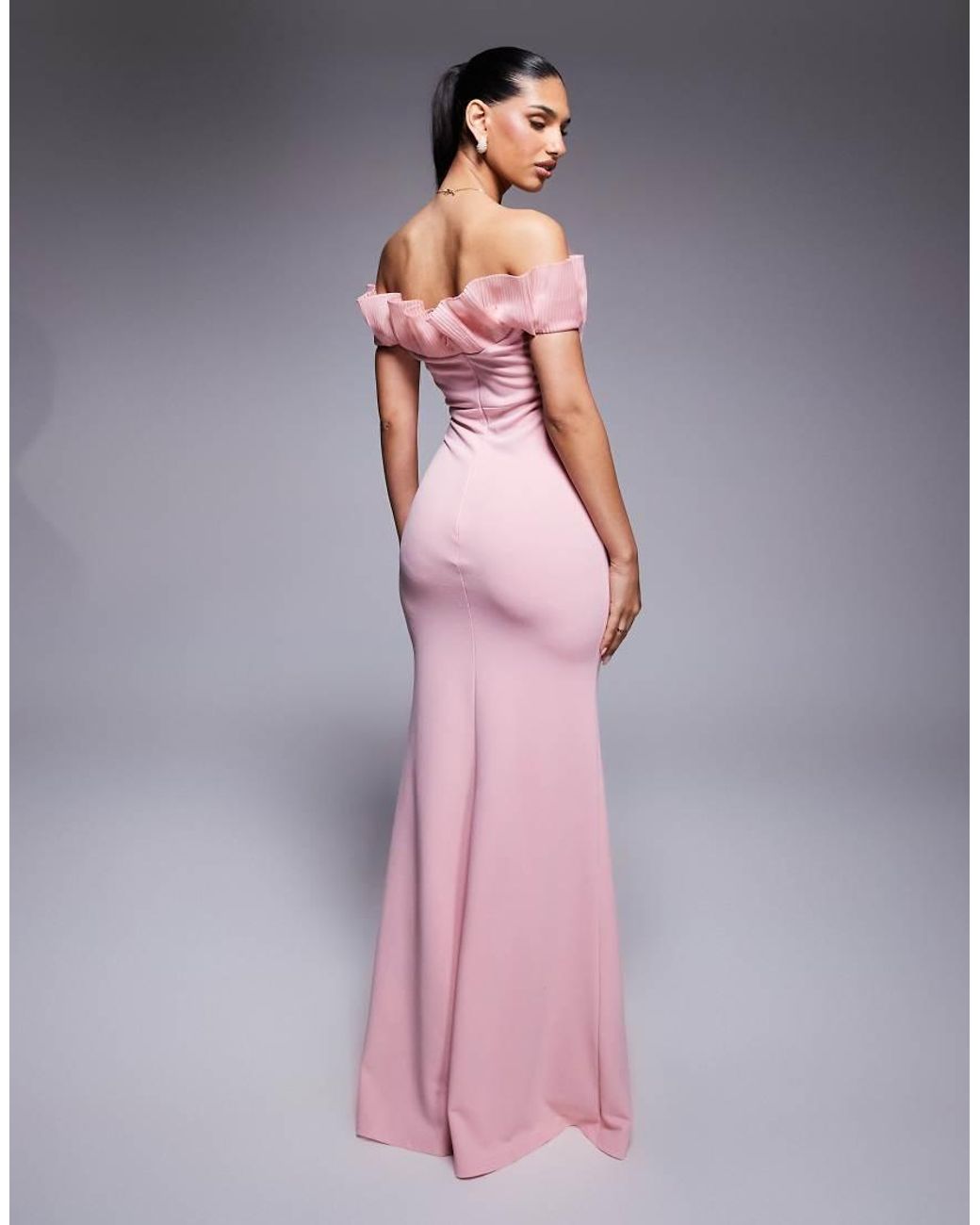 Goddiva Pink Fan Pleated Bardot Crepe Maxi Dress