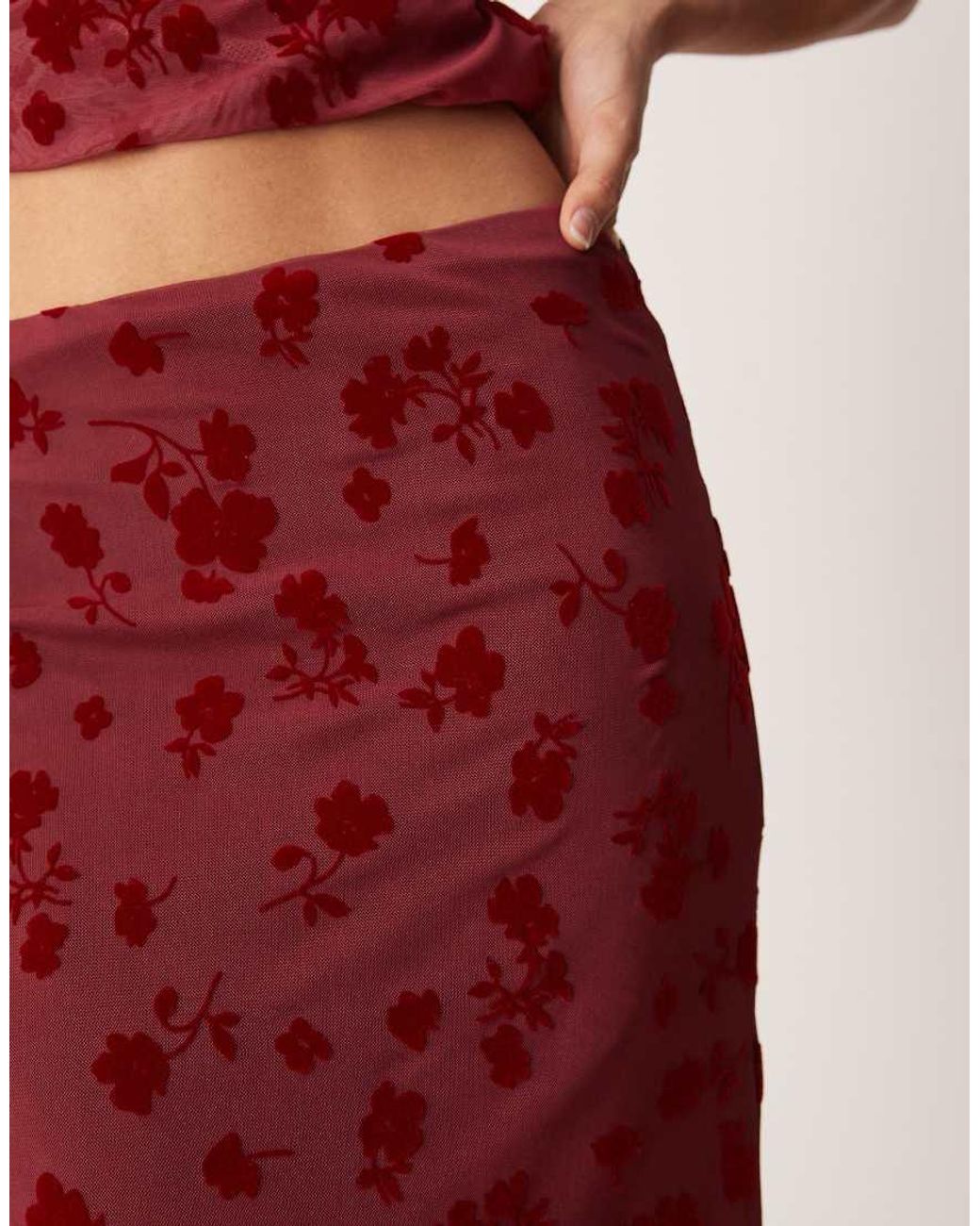 ASOS Red Flocked Mesh Low Rise Maxi Skirt