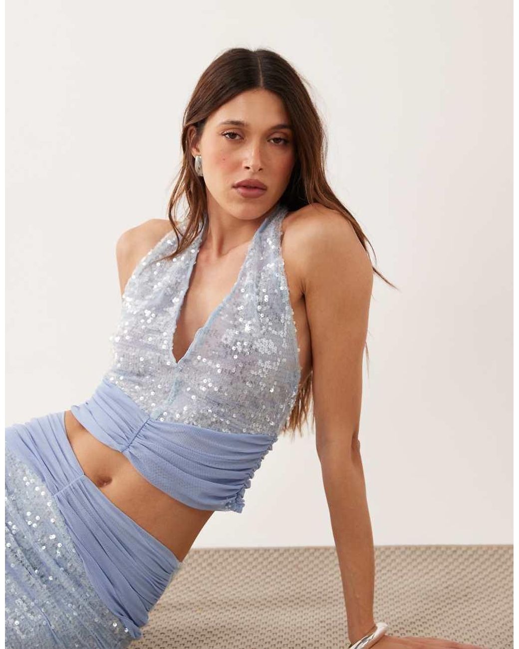 ASOS Blue Sequin Plunged Halterneck Top Set