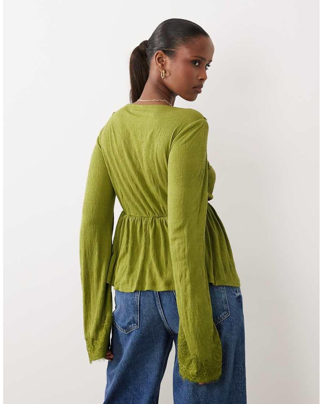 ASOS Green Crinkle Lace Trim Plunge Top With Flare Sleeve