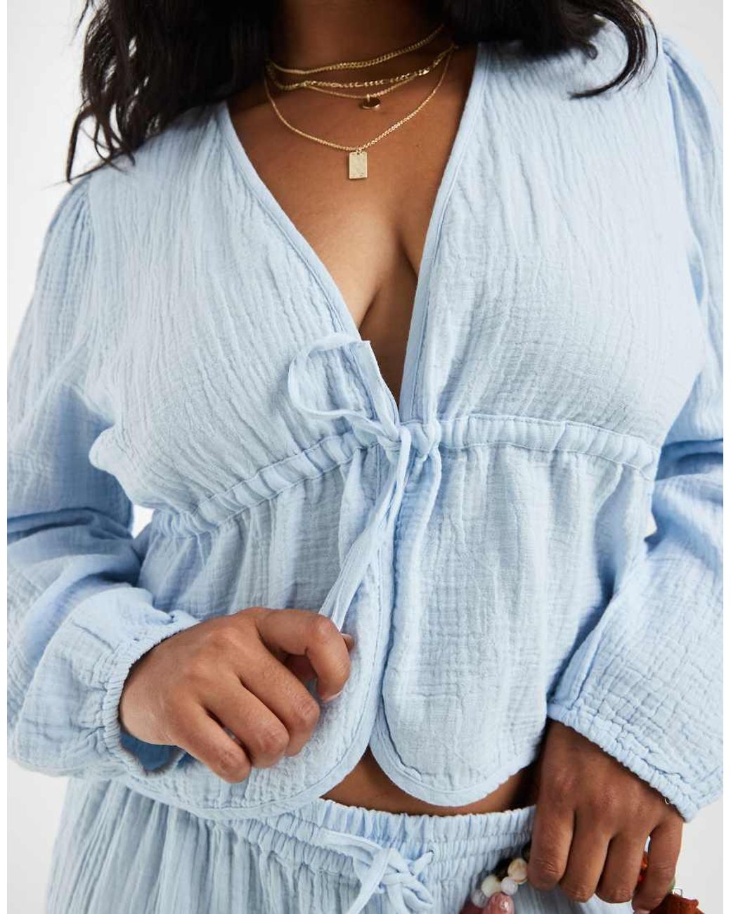 Pieces Plus Blue Pieces Curve Crinkle Cotton Tie Front Long Sleeve Top