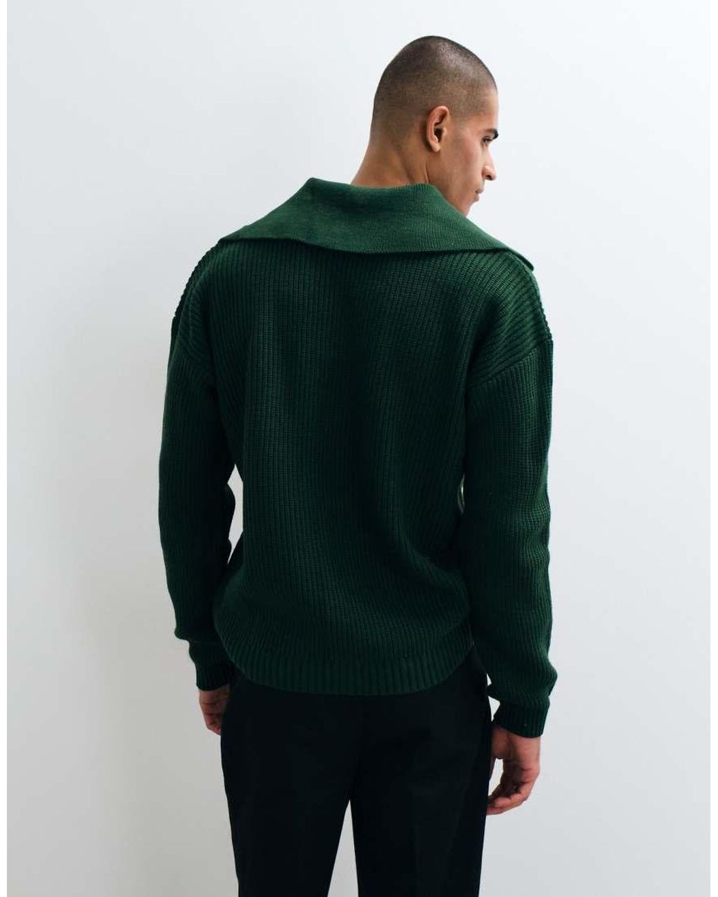 ASOS Green Oversized Knitted Extreme Open Collar Polo Jumper for men