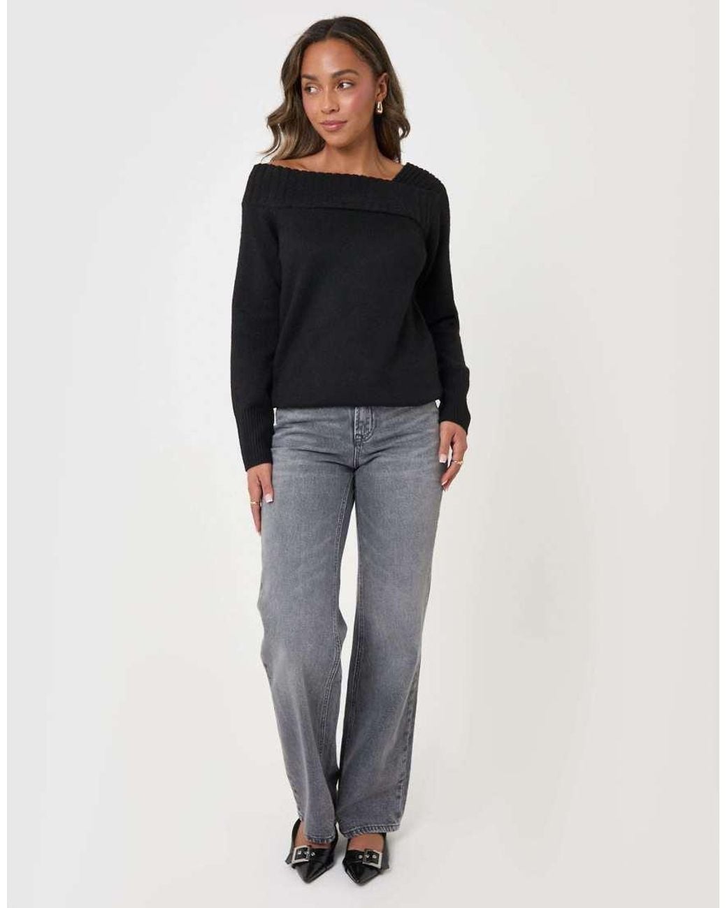 Threadbare Black Asymmetric Slash Neck Jumper