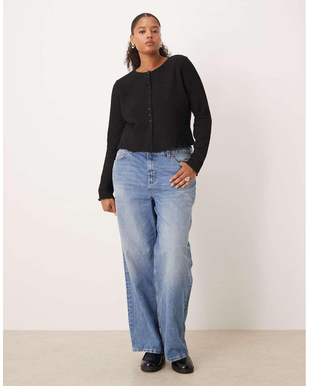 ASOS Black Asos Design Curve Textured Button Through Long Sleeve Top