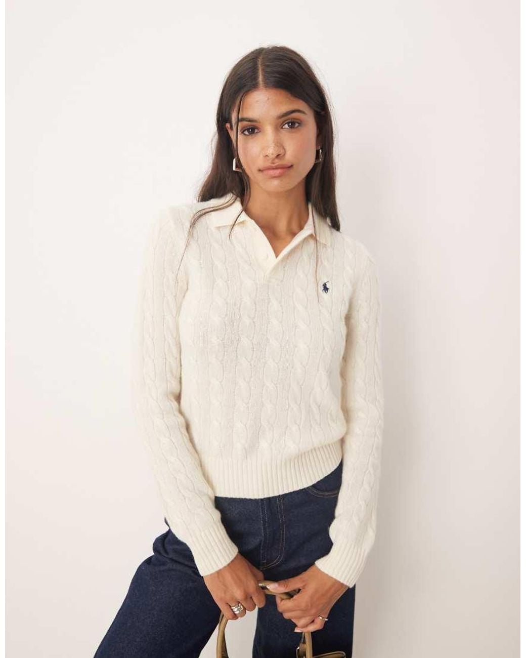 Polo Ralph Lauren White Cable Knit Collar Jumper
