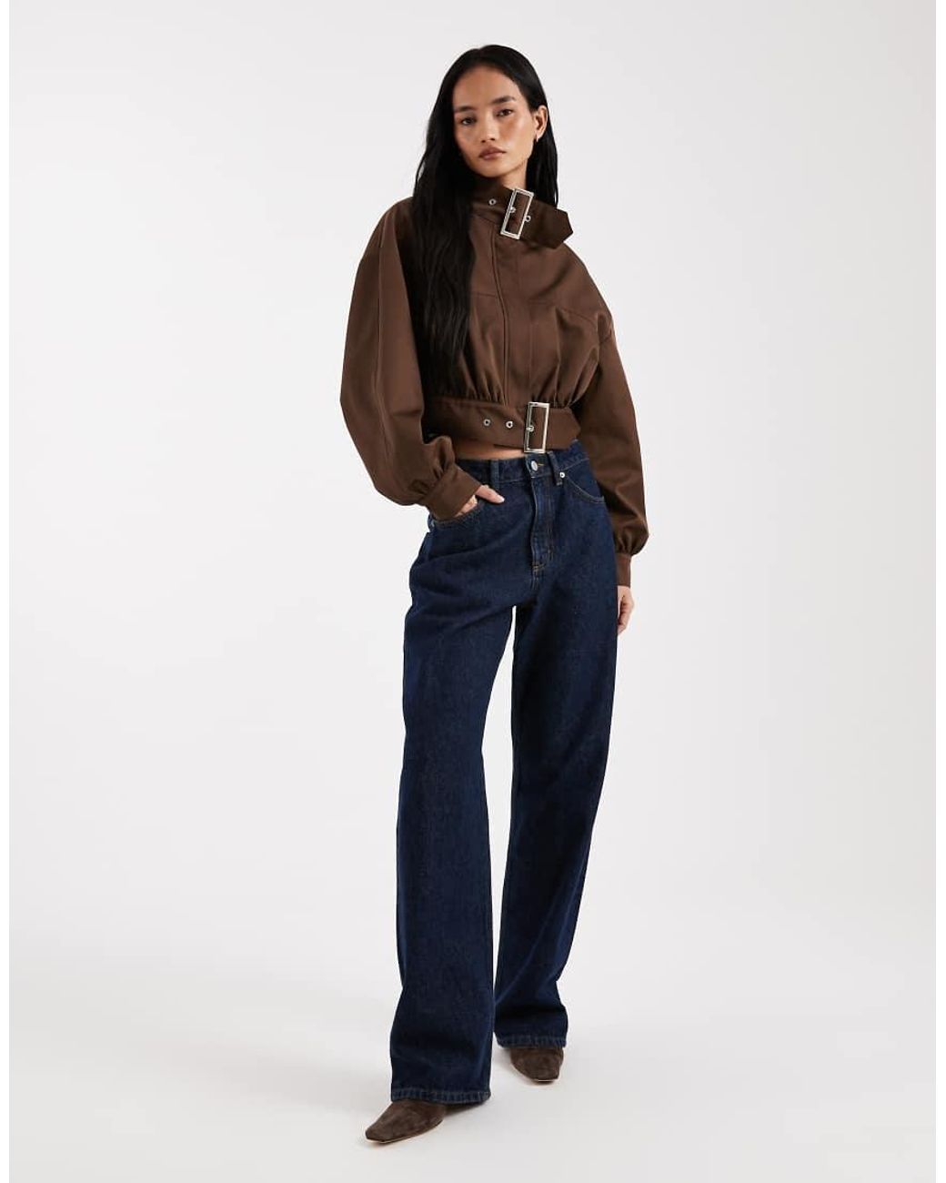ASOS Brown Funnel Neck Cropped Jacket With Buckle Detail