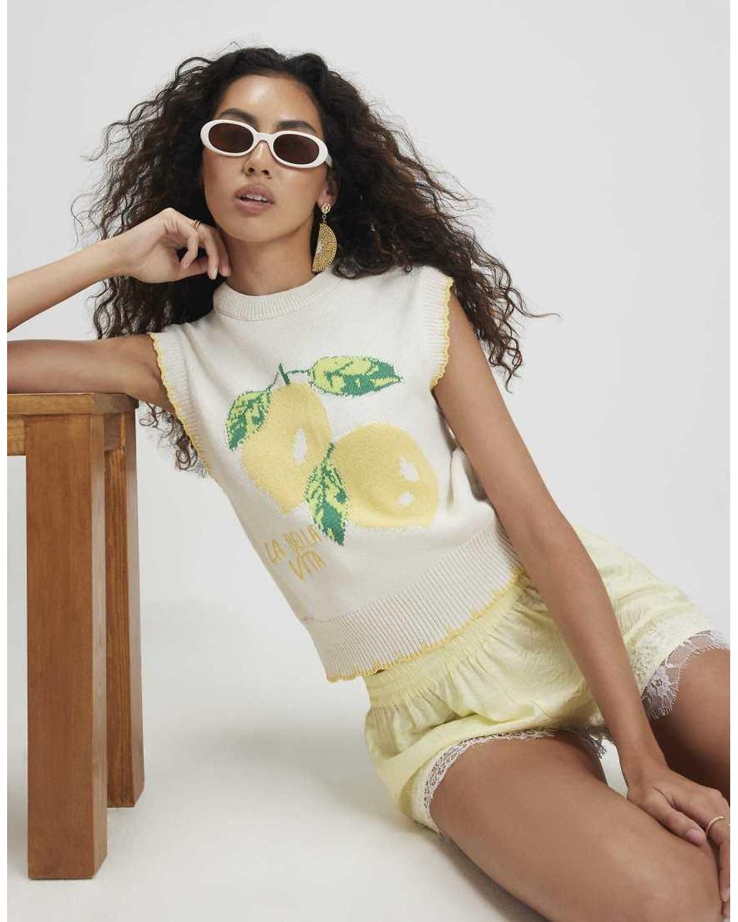 River Island White Knitted Lemon Whipstitch Tank Top