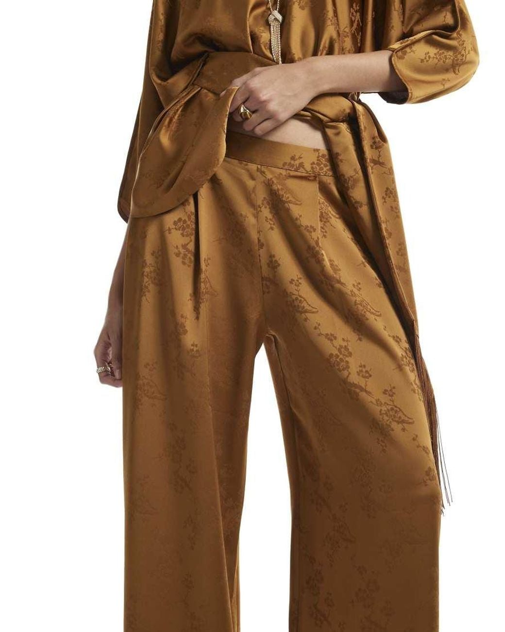 River Island Natural Satin Jacquard Wide Leg Trousers