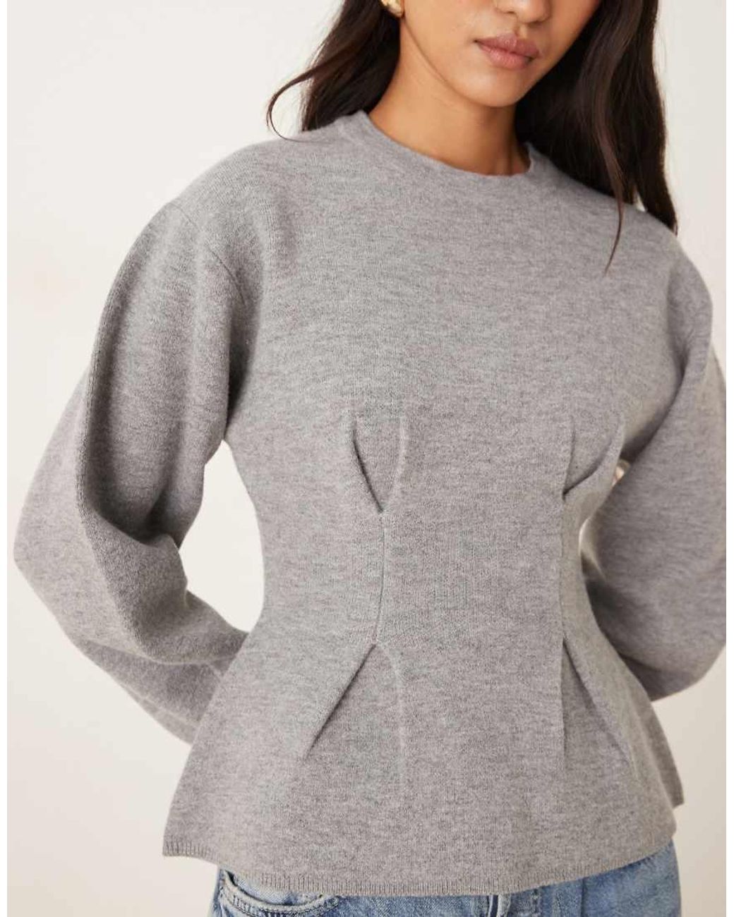 Gina Tricot Gray Long Sleeve Sculpted Crew Neck Knitted Peplum Sweater