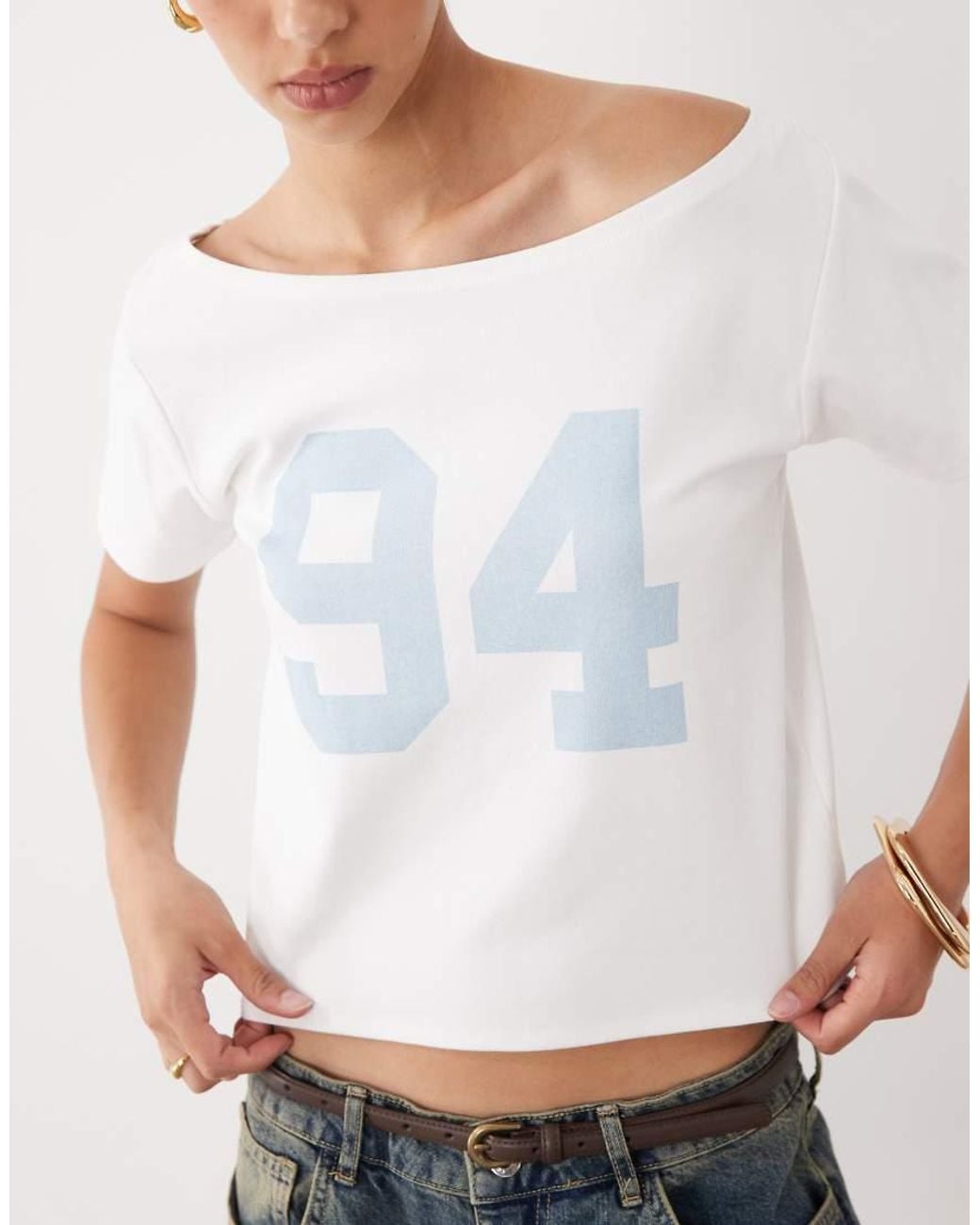 Cotton On White Sporty Off Shoulder Graphic Tee
