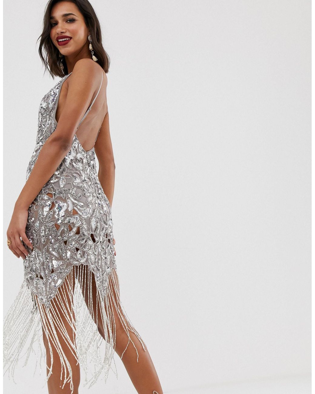 ASOS Sequin Cutwork Cami Midi Dress With Fringe in Metallic Lyst