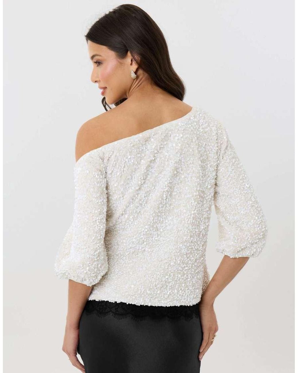 Threadbare White Sequin Slash Neck Puff Sleeve Top