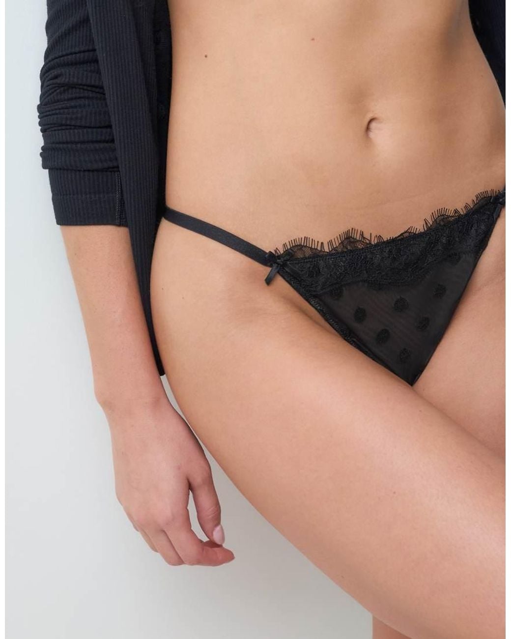 New Look Black Spot Lace Trim Tanga Thong