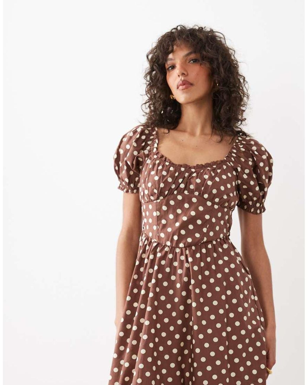 New Look Brown Polka Dot Milkmaid Midi Dress