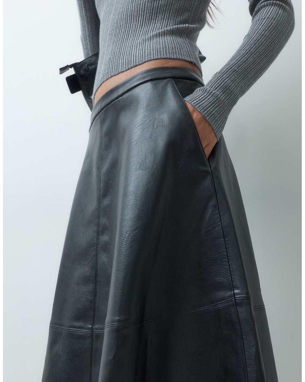Jdy Blue Faux Leather A-Line Midi Skirt
