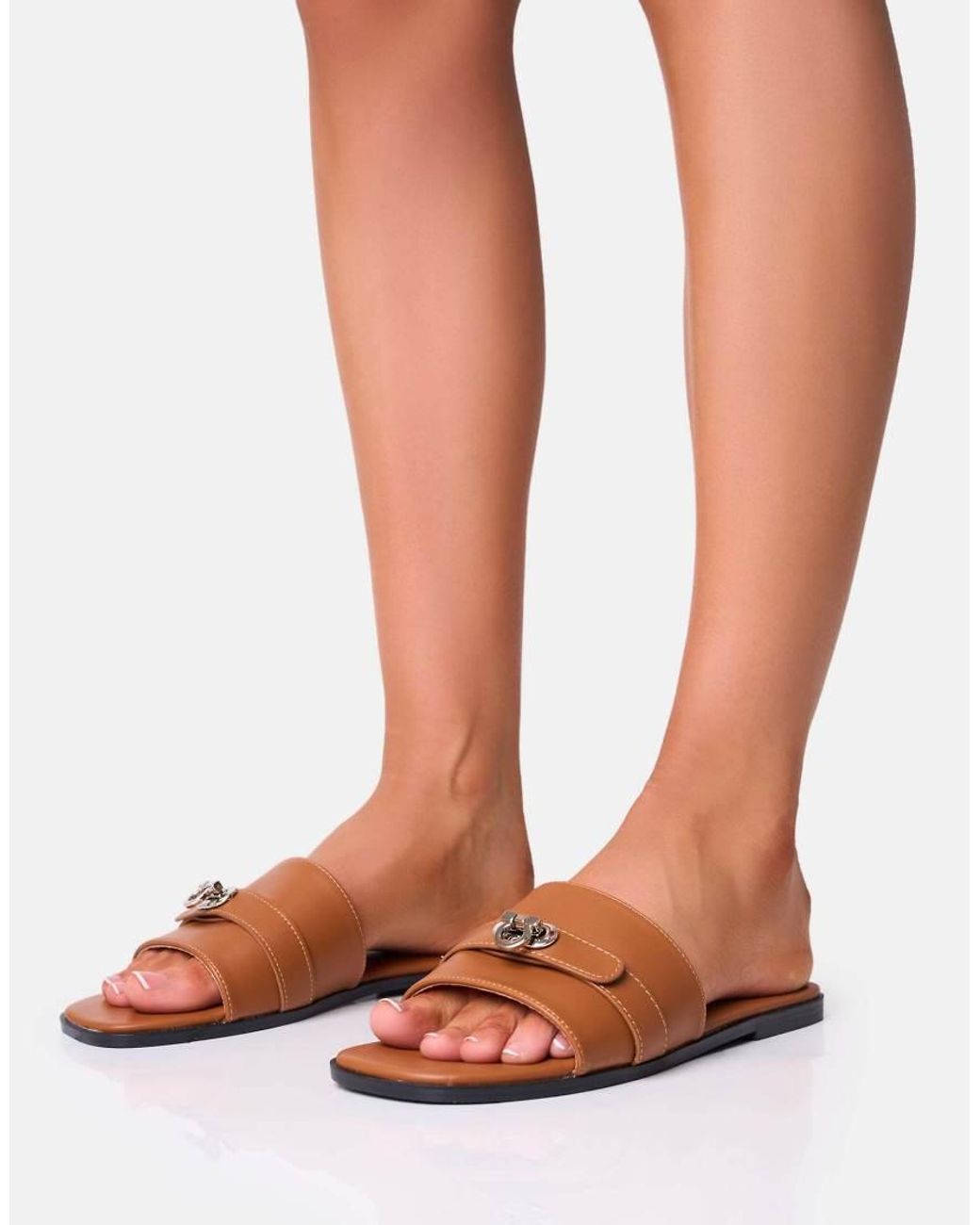 Public Desire Radiance Wide Fit Brown Buckle Trim Flat Sandals