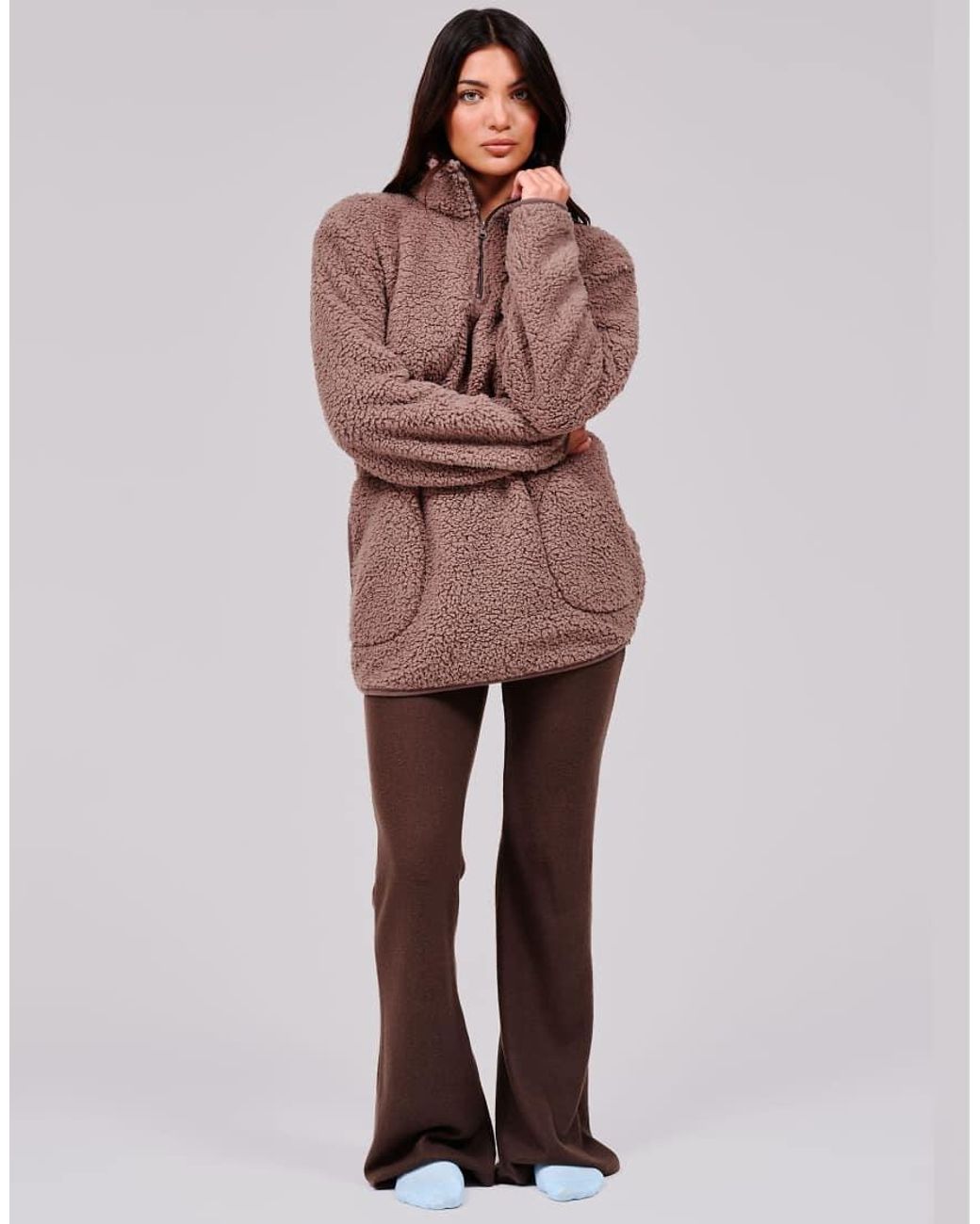 Loungeable Brown Borg 1/4 Zip Jumper With Pockets