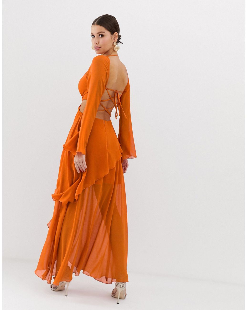 ASOS Maxi Dress With Long Sleeve And Circle Trim Detail in Orange | Lyst  Australia