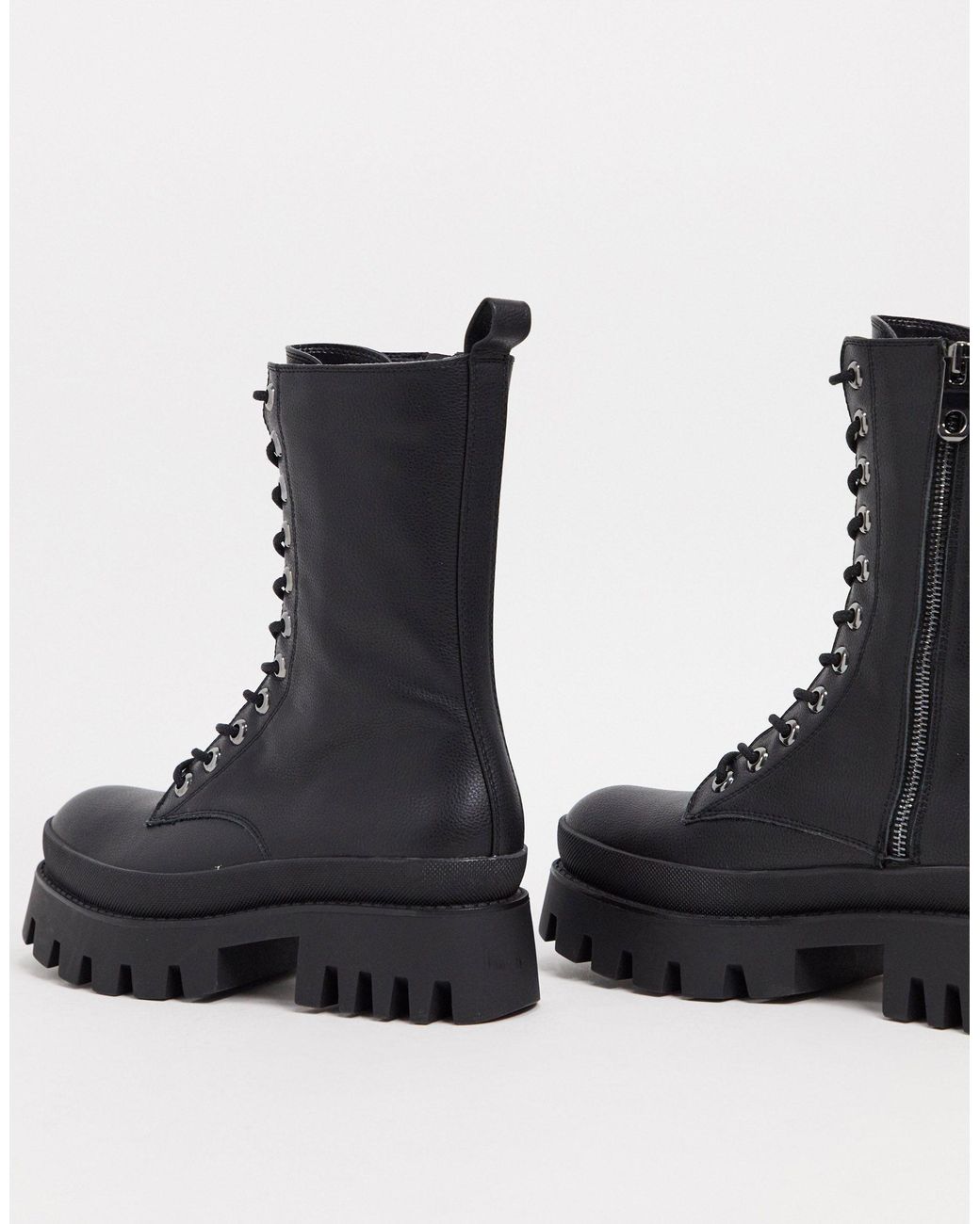 Bershka Lace Up Biker Boot With Sole Detail in Black | Lyst