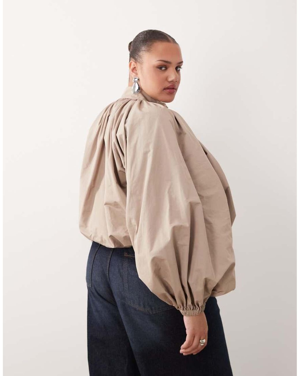 ARRANGE Brown Curve Oversized Bomber Jacket With Balloon Sleeve