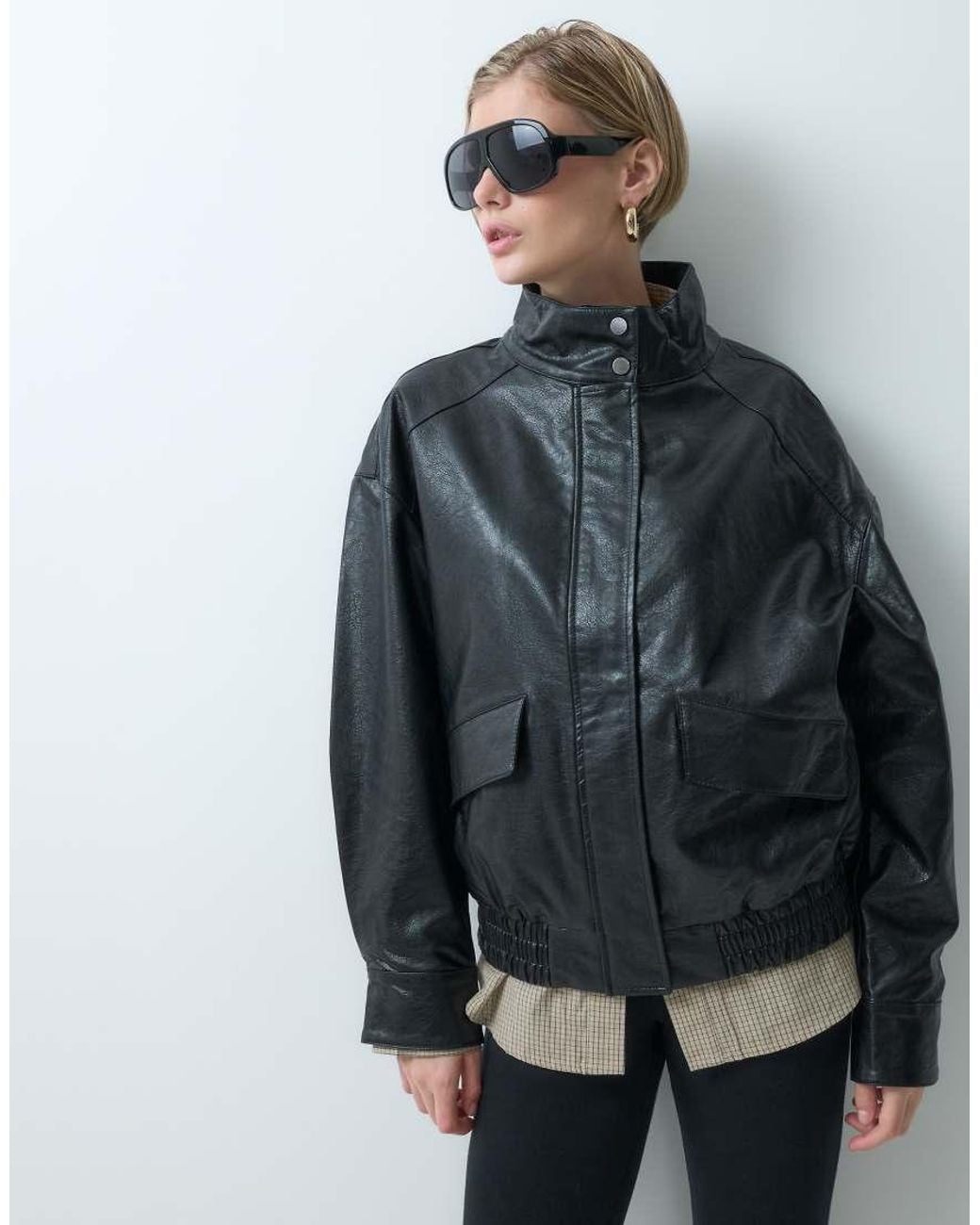ONLY Gray Faux Leather Oversized Bomber Jacket