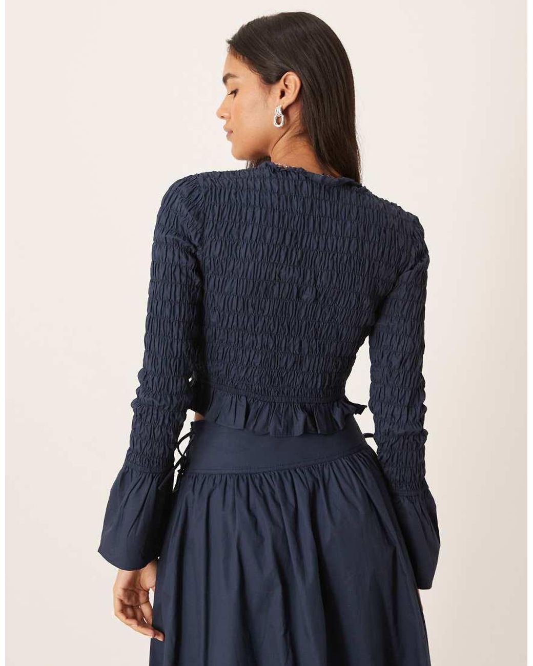 Glamorous Blue Long Sleeve Shirred Top