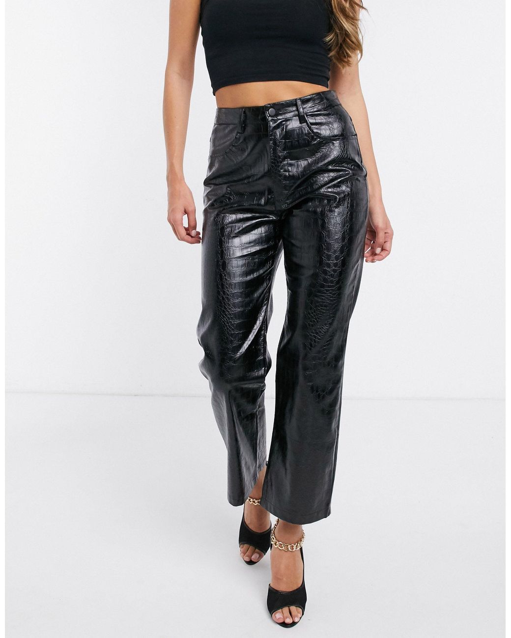 NA-KD Embossed Croc Faux-leather Pants 