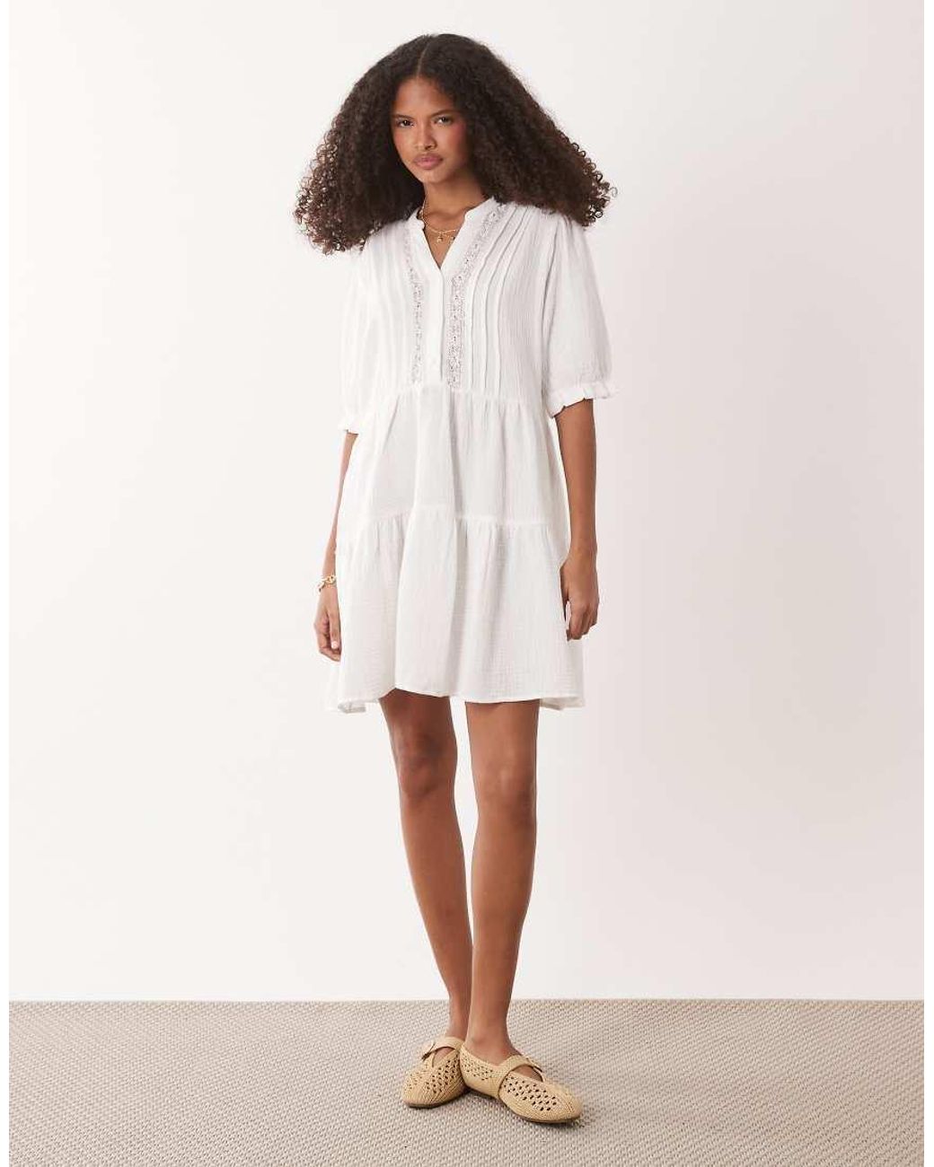Jdy White Cheesecloth Drop Hem Mini Dress With Lace Detail