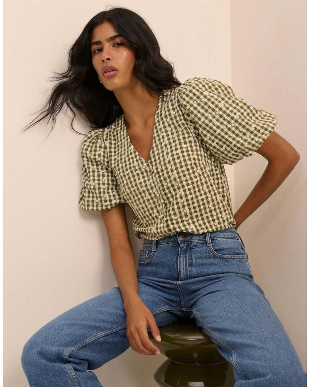 Nobody's Child Brown Gingham Cotton Embroidered Puff Sleeve Top