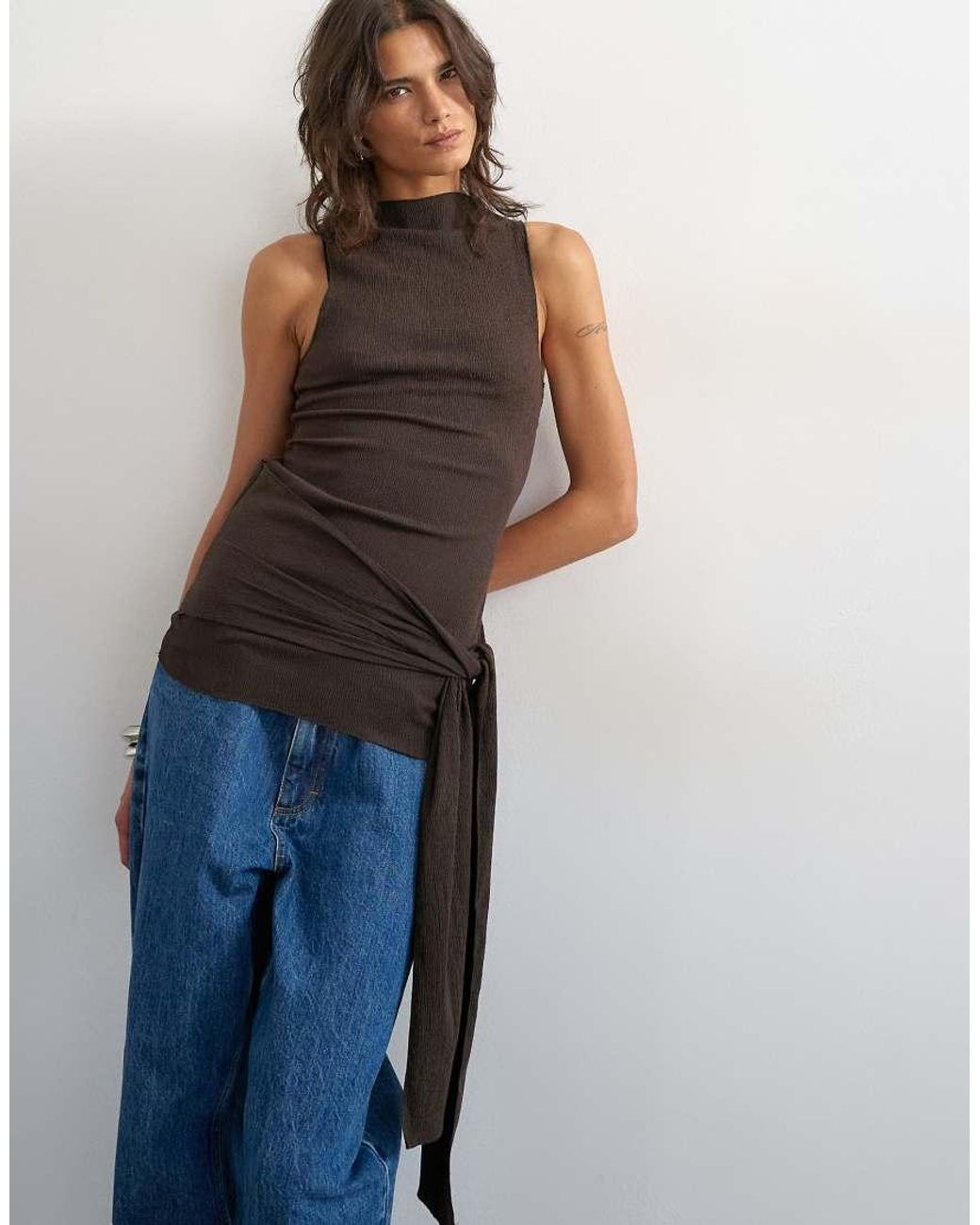 TOPSHOP Blue High Neck Top With Tie Detail
