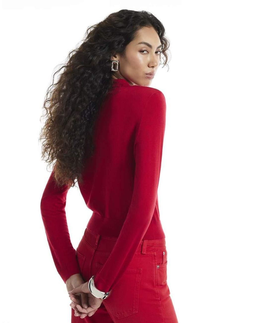 River Island Red Knit Shoulder Pad Polo Top