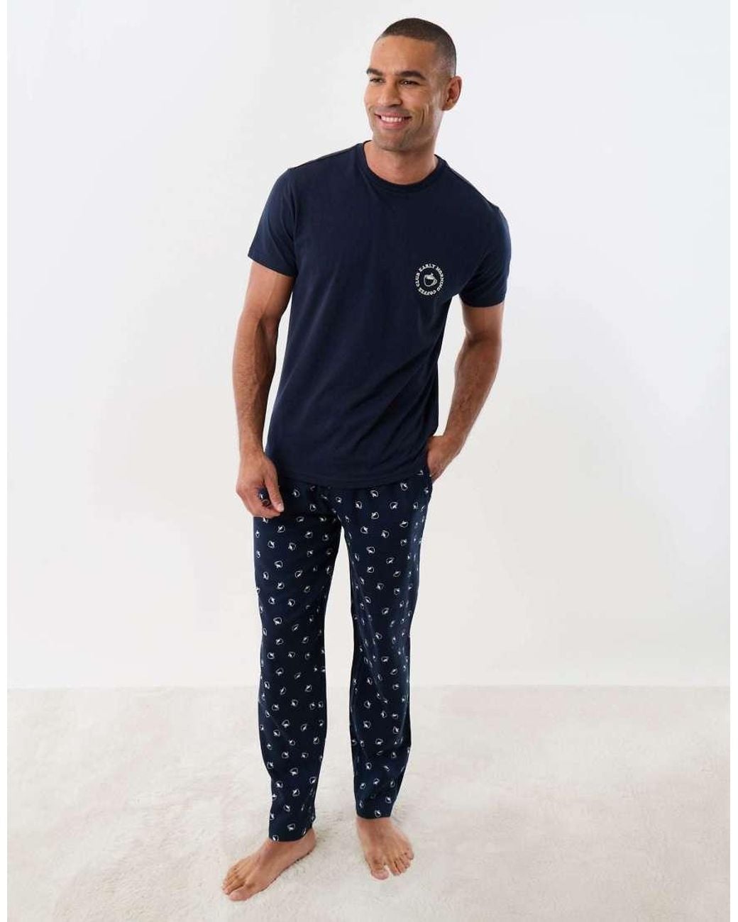 Threadbare Blue Embroidered Coffee Club Pyjame Set for men