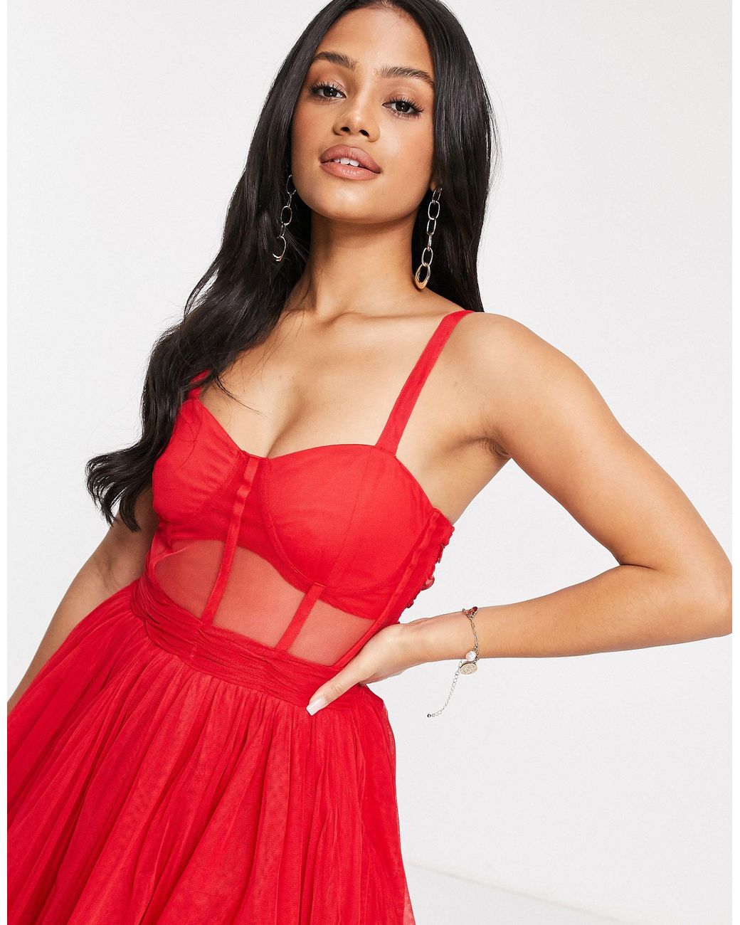 Lace & Beads Plus corset tiered tulle midi dress in red